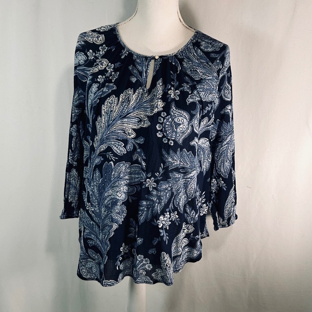 Chaps Petite Navy‎ Blue Paisley Floral Crinkle Gauze Split Neck Blouse Top